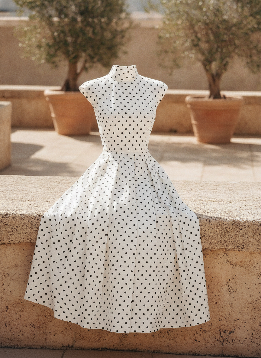 Elegant women's white polka dot A-line midi dress, perfect for garden parties & summer occasions.