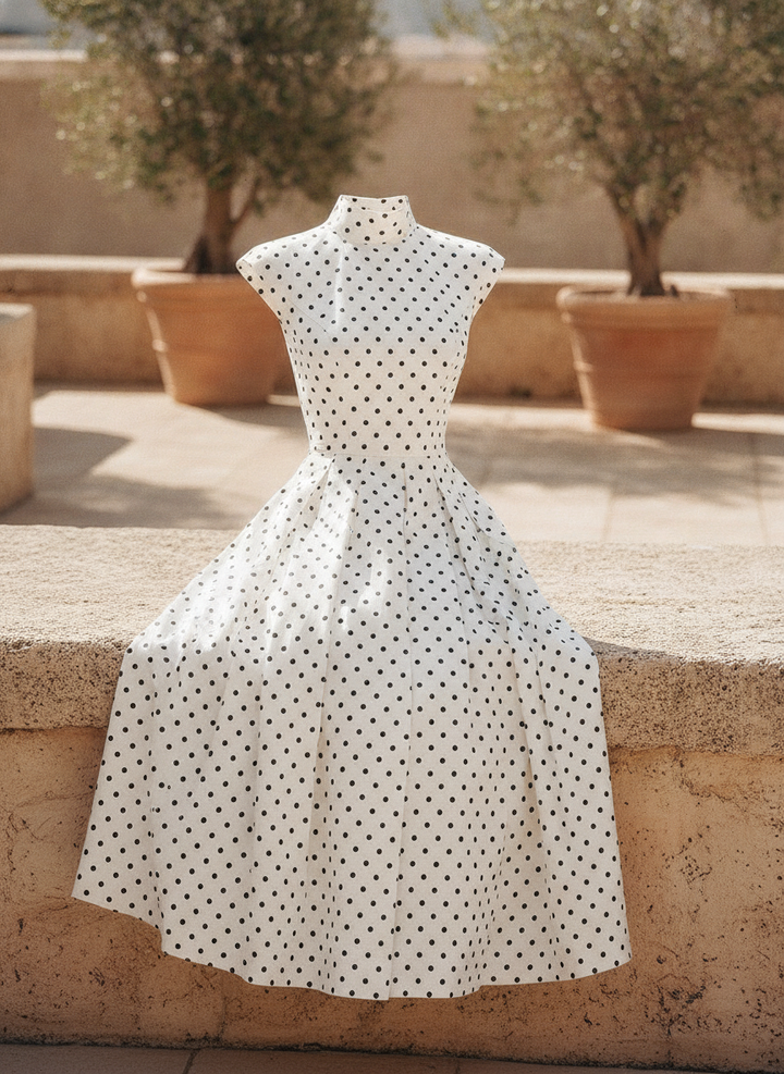 Elegant women's white polka dot A-line midi dress, perfect for garden parties & summer occasions.
