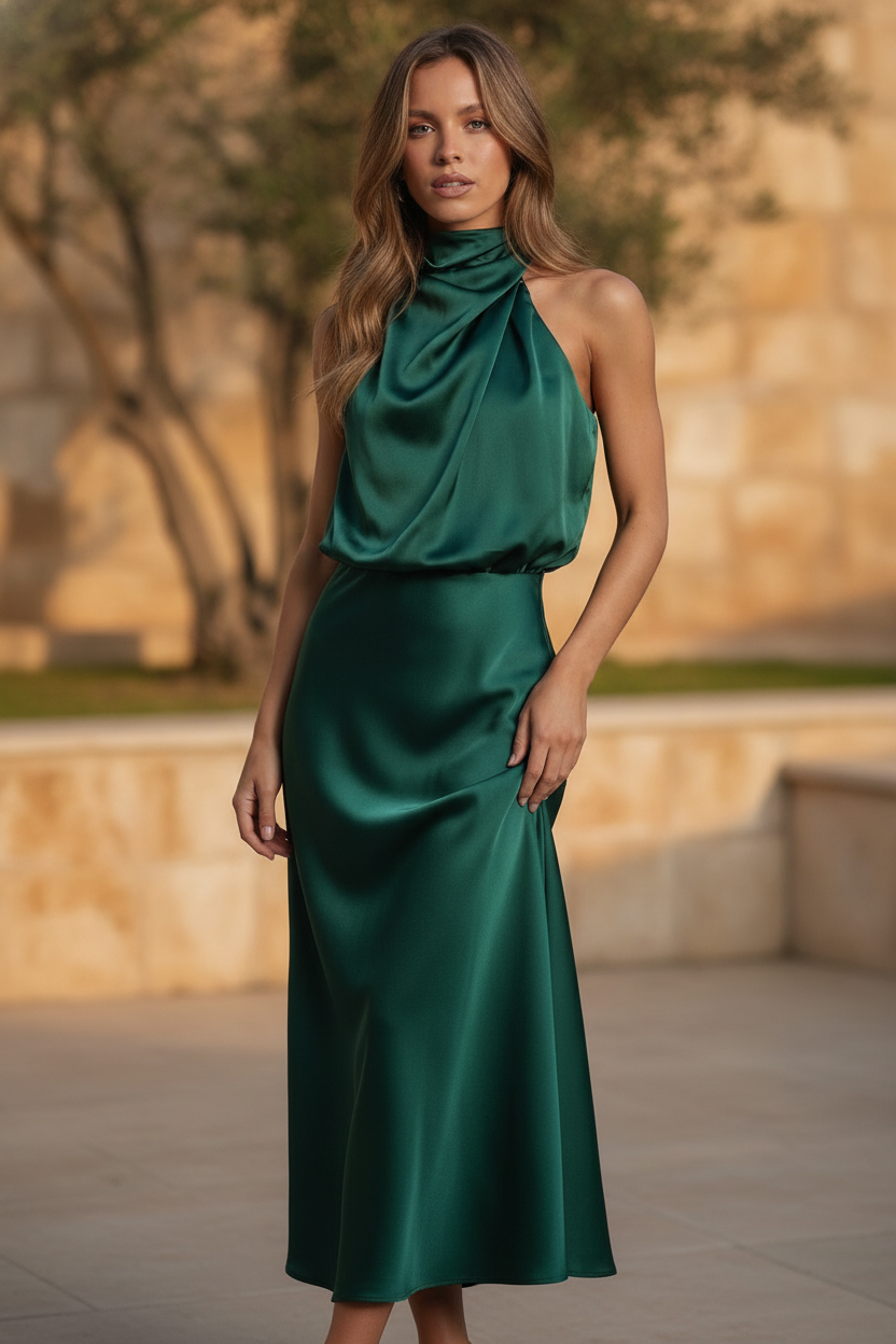 Women's halter neck midi dress for summer weddings, elegant occasion wear.