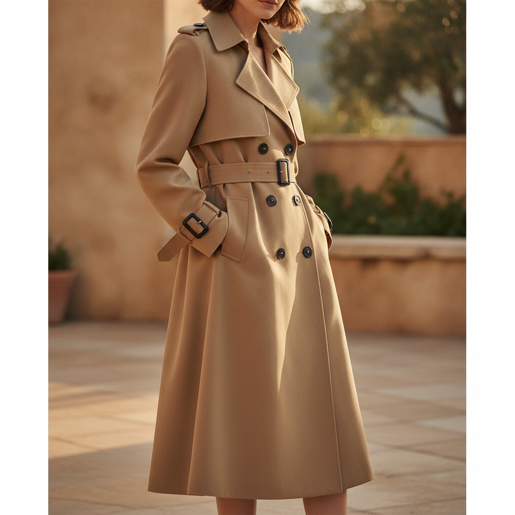 Classic women's double-breasted belted trench coat in camel, perfect for elegant outerwear.