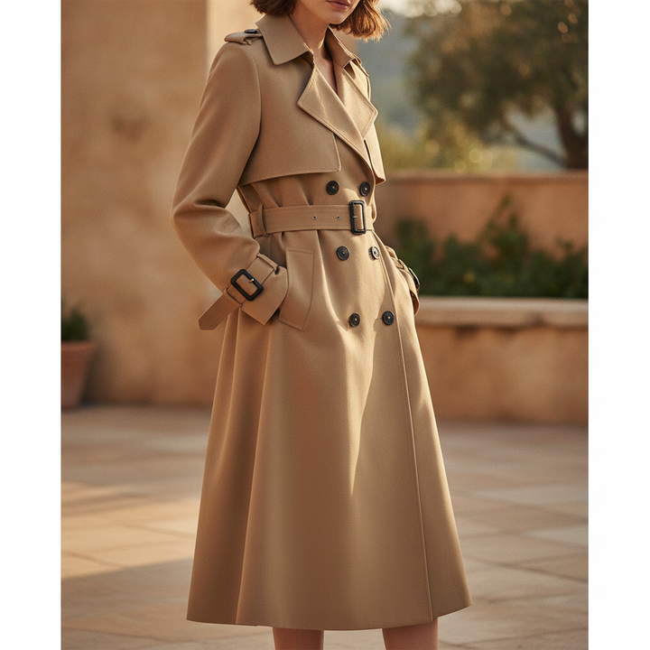 Classic women's double-breasted belted trench coat in camel, perfect for elegant outerwear.
