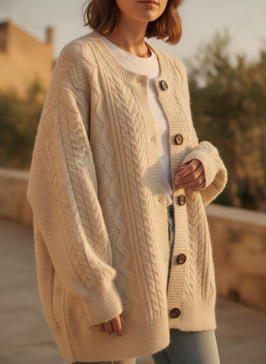 Elegant women's cable-knit button-down cardigan in an oversized fit, perfect for fall and winter luxury layers.