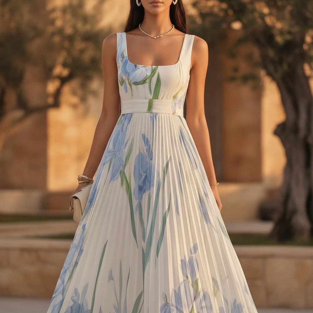 Elegant women's A-line floral maxi dress with V-neck, perfect for a wedding guest or formal spring/summer event.