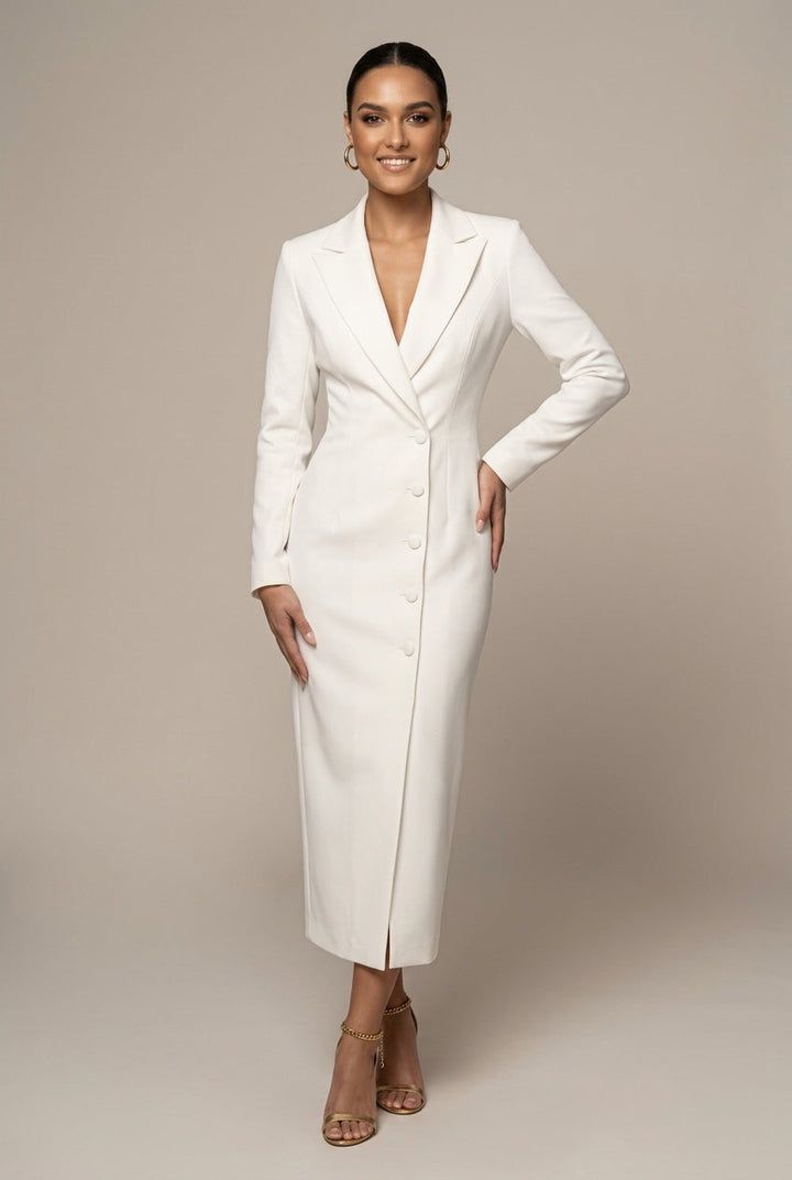 Women's single-breasted blazer midi dress with notch lapel, perfect for office, workwear, and professional events.