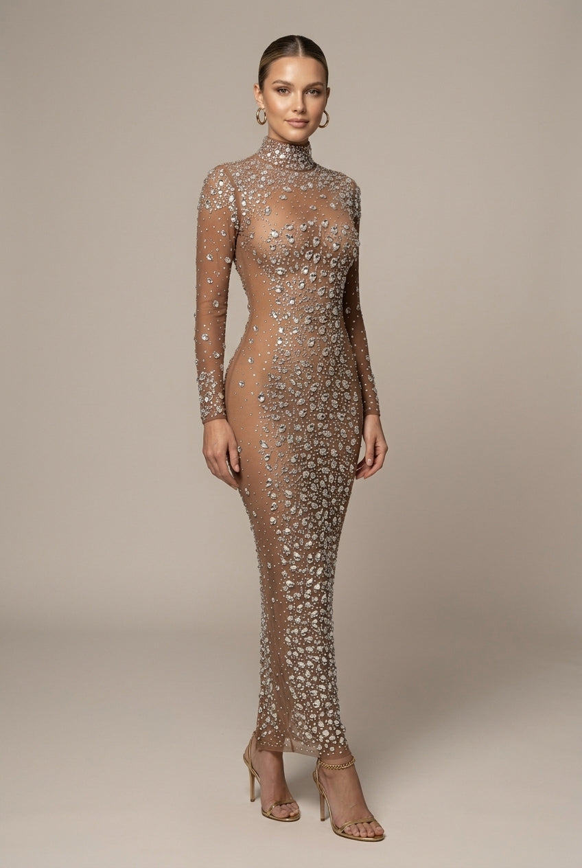 Elegant Women's Long Sleeve Mesh Maxi Dress with sparkling rhinestones. Perfect bodycon evening gown for special occasions.