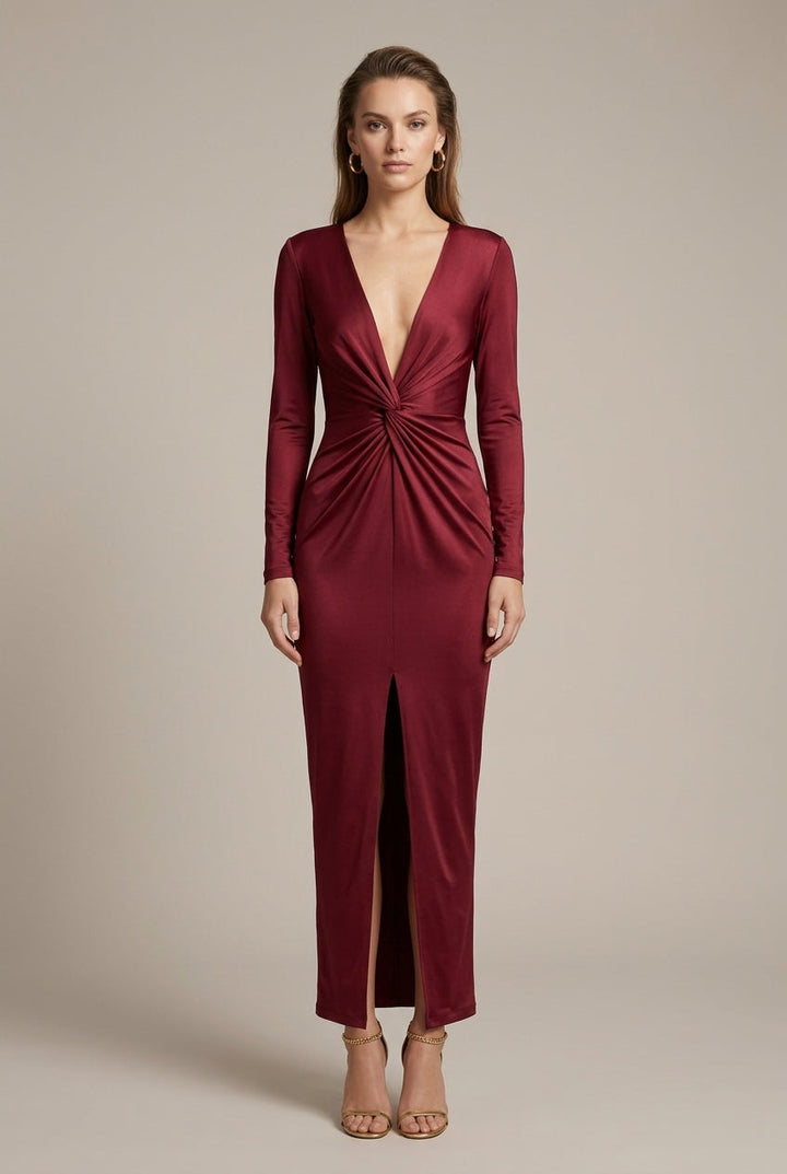 Elegant deep V-neck maxi dress for women, featuring a chic twist waist and front slit. Perfect for evenings.