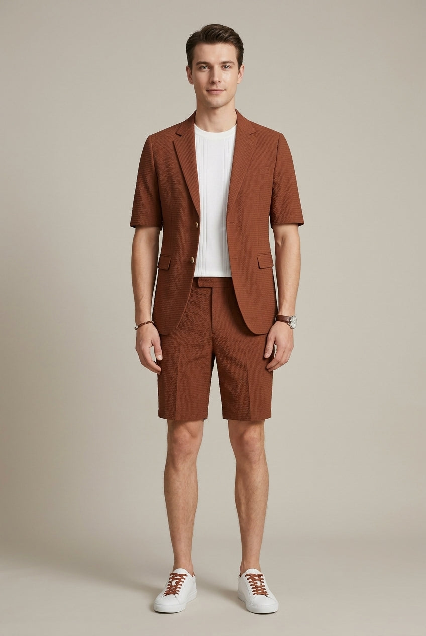 Stylish men's two-piece set: short sleeve lapel blazer & matching shorts. Perfect for smart casual summer fashion.