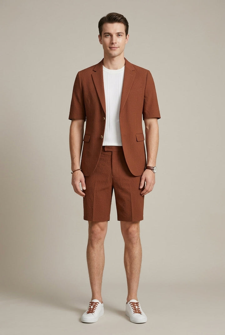 Stylish men's two-piece set: short sleeve lapel blazer & matching shorts. Perfect for smart casual summer fashion.