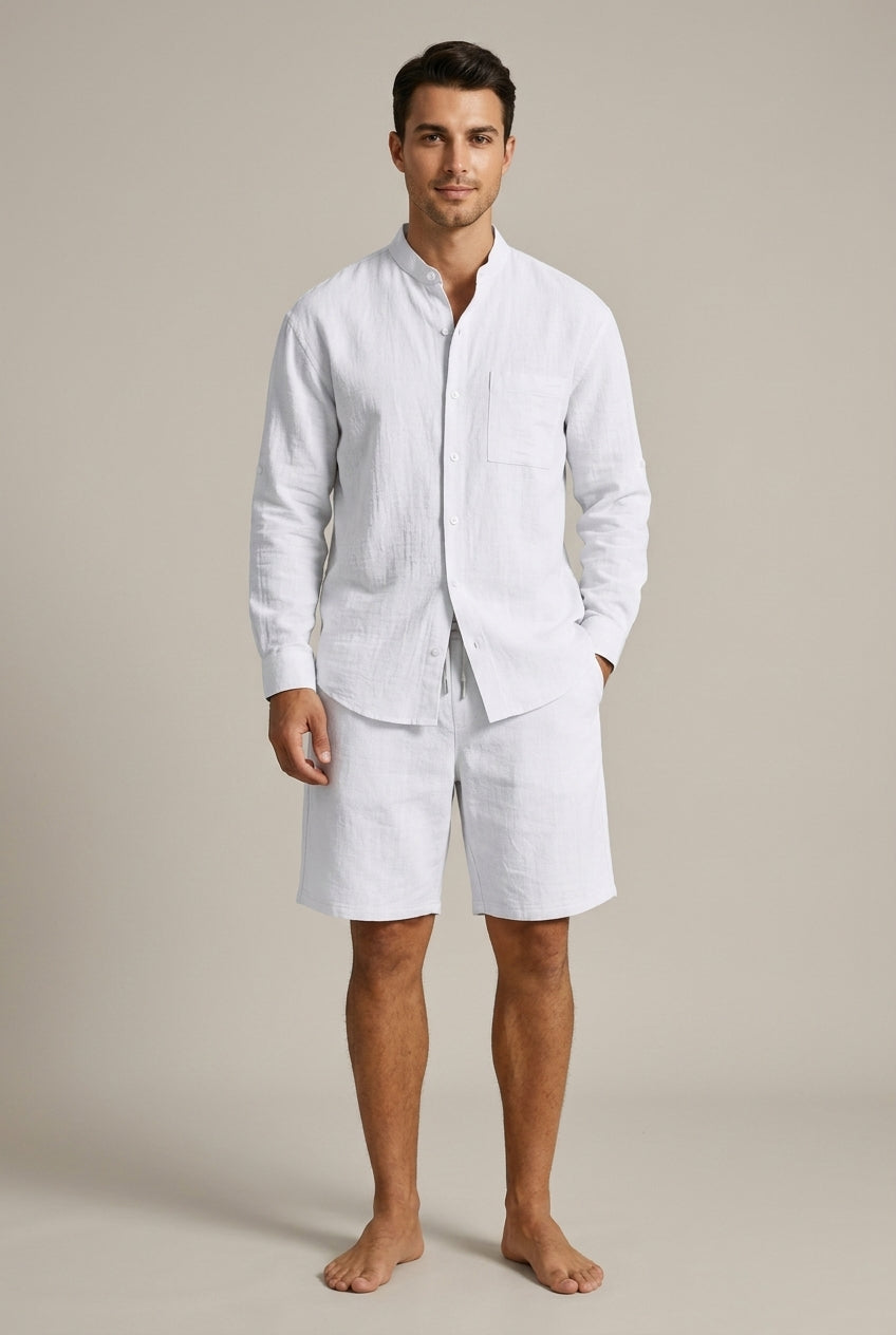 Men's relaxed band collar shirt & shorts set, perfect for summer casual wear. Comfortable two-piece outfit.