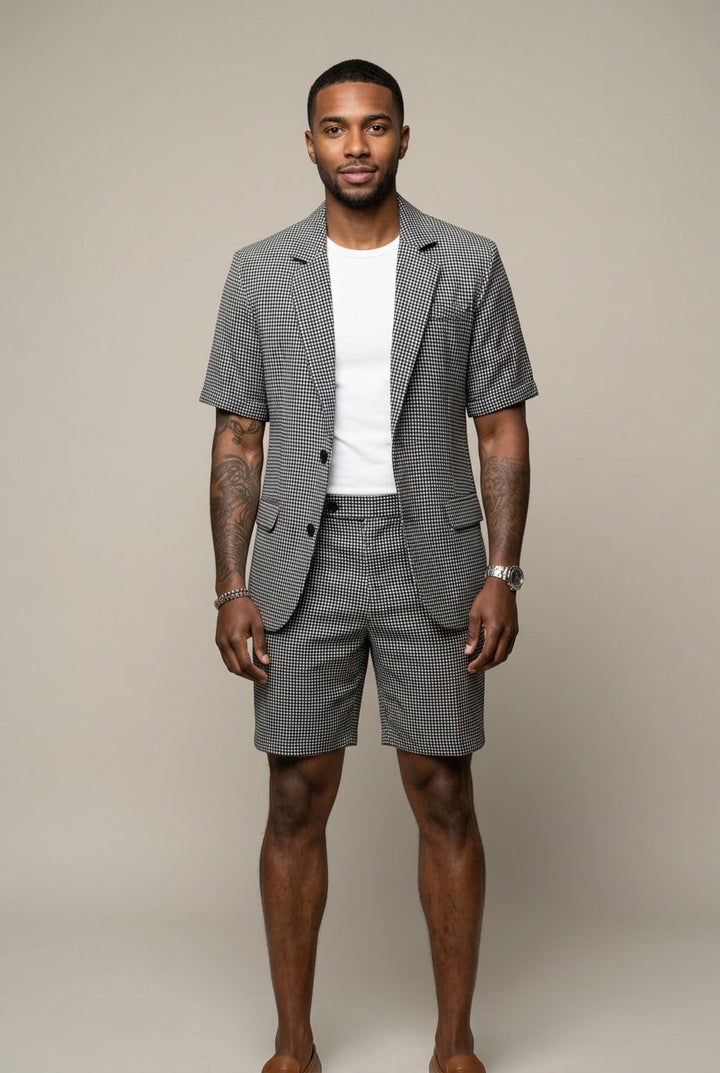 Men's check two-piece set featuring a short sleeve blazer and matching slim-fit shorts, perfect for smart casual summer style.