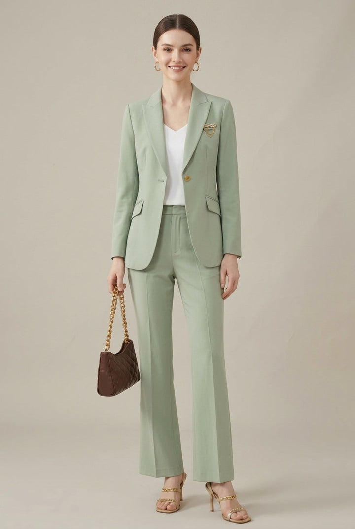 Elegant women's tailored pant suit with gold button blazer & straight leg trousers, perfect for office.