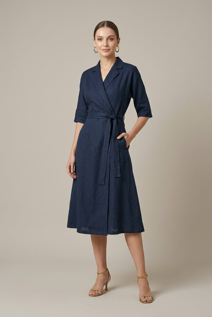 Elegant women's belted wrap midi dress, perfect for smart casual or workwear. Versatile all-season style.