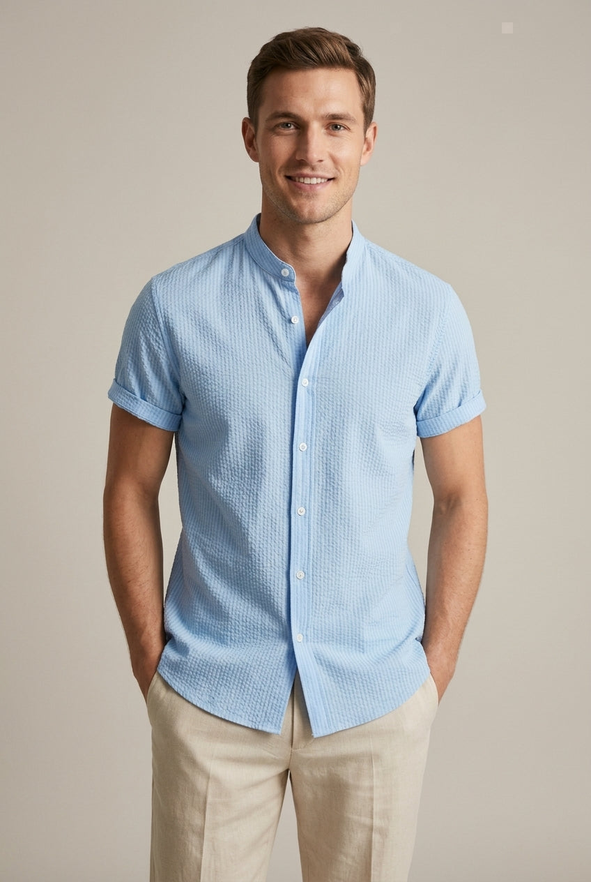 Men's band collar short sleeve textured summer shirt. Casual smart casual mens fashion button front loose fit top.