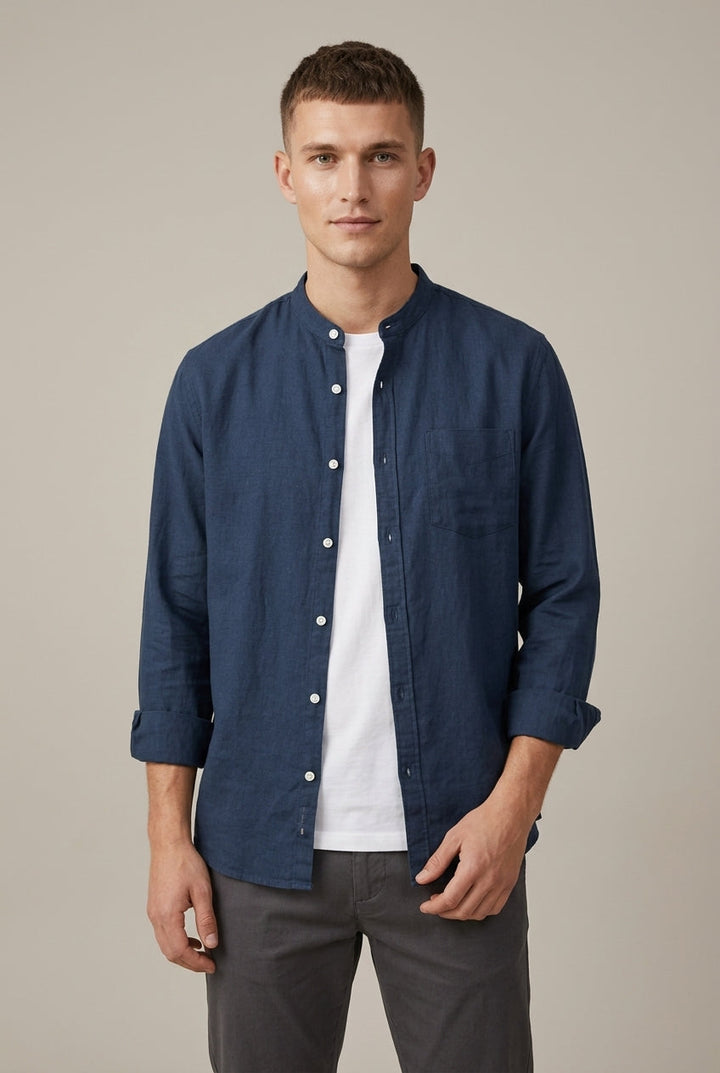 Men's long sleeve band collar shirt with chest pocket, perfect for smart casual or everyday wear.