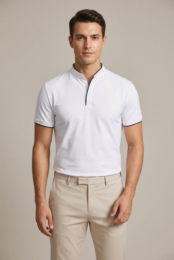 Stylish men's slim fit mandarin collar polo, excellent for smart casual outfits and modern menswear.