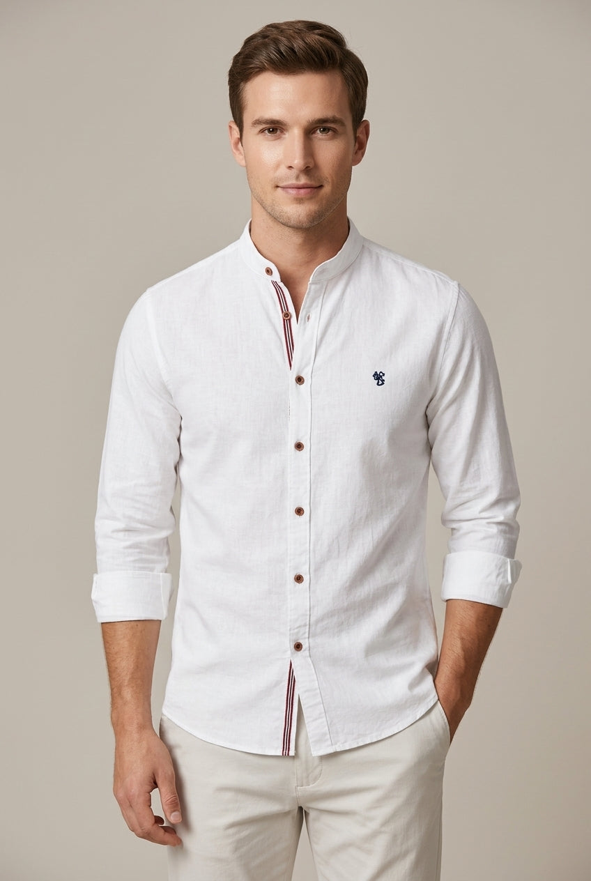 Men's relaxed fit short sleeve stand collar shirt, ideal for smart casual summer style.