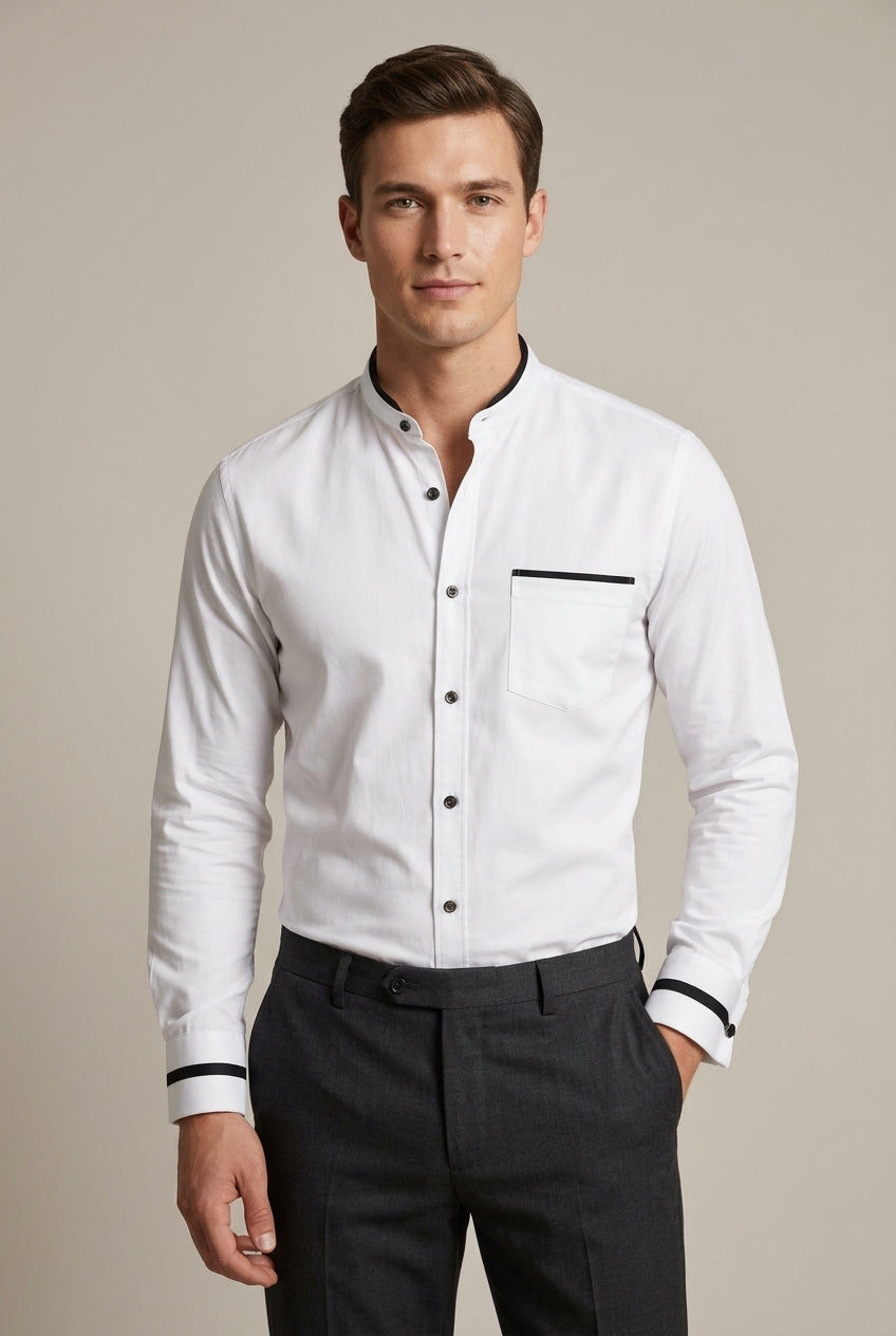 Men's long-sleeve grandad collar shirt with contrast trim, perfect for smart casual & business casual style.