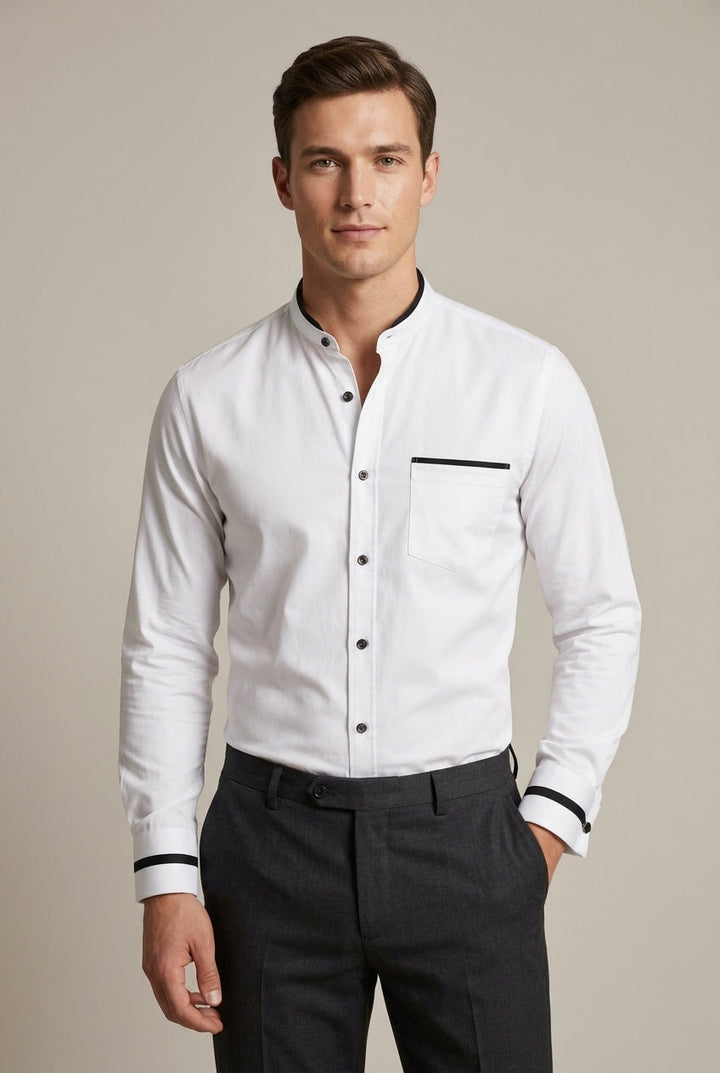 Men's long-sleeve grandad collar shirt with contrast trim, perfect for smart casual & business casual style.