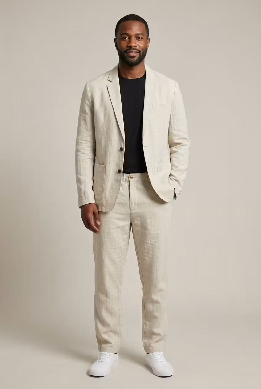 Men's relaxed fit two-piece suit with blazer & trousers. Comfortable & versatile for smart casual events.