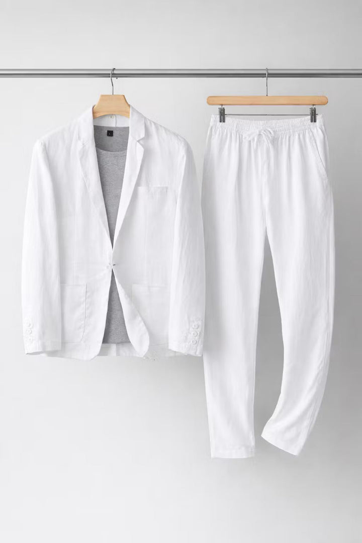 Close-up of the breathable fabric on a men's relaxed fit two-piece suit blazer, highlighting comfort.
