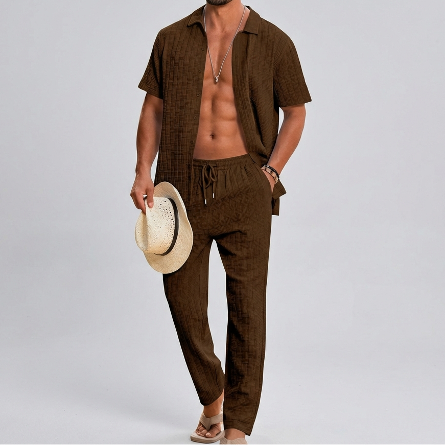 Men's summer co-ord set with a textured shirt & relaxed trousers for warm weather fashion.