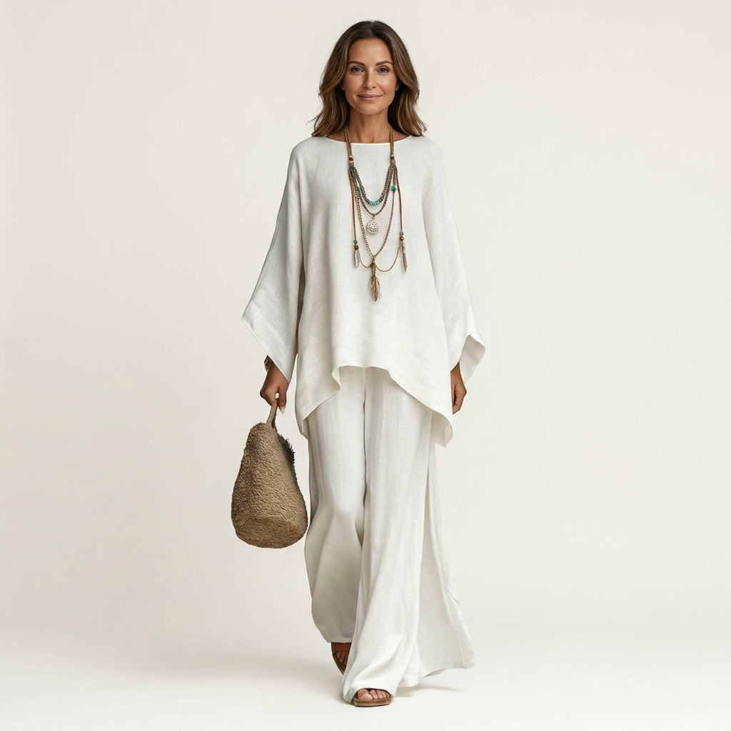 Women's boho linen blend two-piece set, relaxed fit wide-leg pants & top. Perfect summer casual wear.