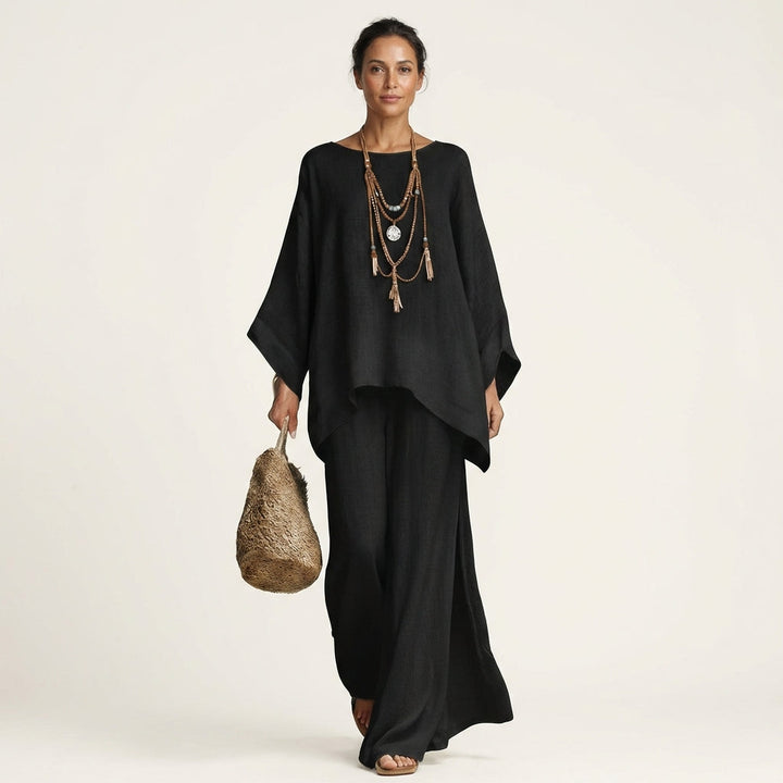 Women's relaxed fit boho linen blend two-piece set with wide-leg pants. Ideal for comfortable summer casual wear.