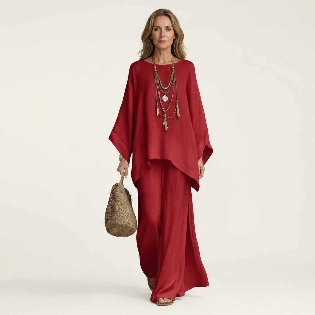 Women's boho linen blend two-piece set featuring a relaxed fit top and wide-leg pants. Stylish summer outfit.