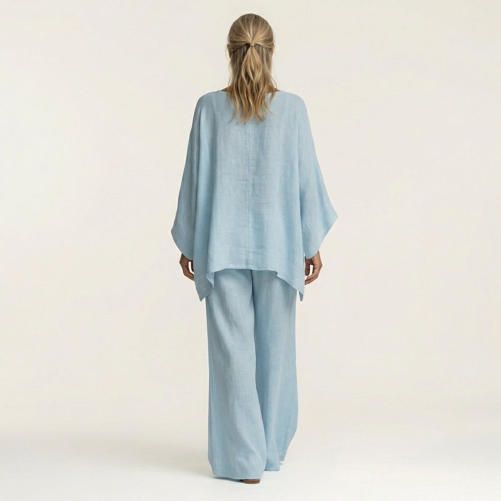 Effortless women's relaxed fit boho linen blend set. Comfortable wide-leg pants with elastic waist & matching top.