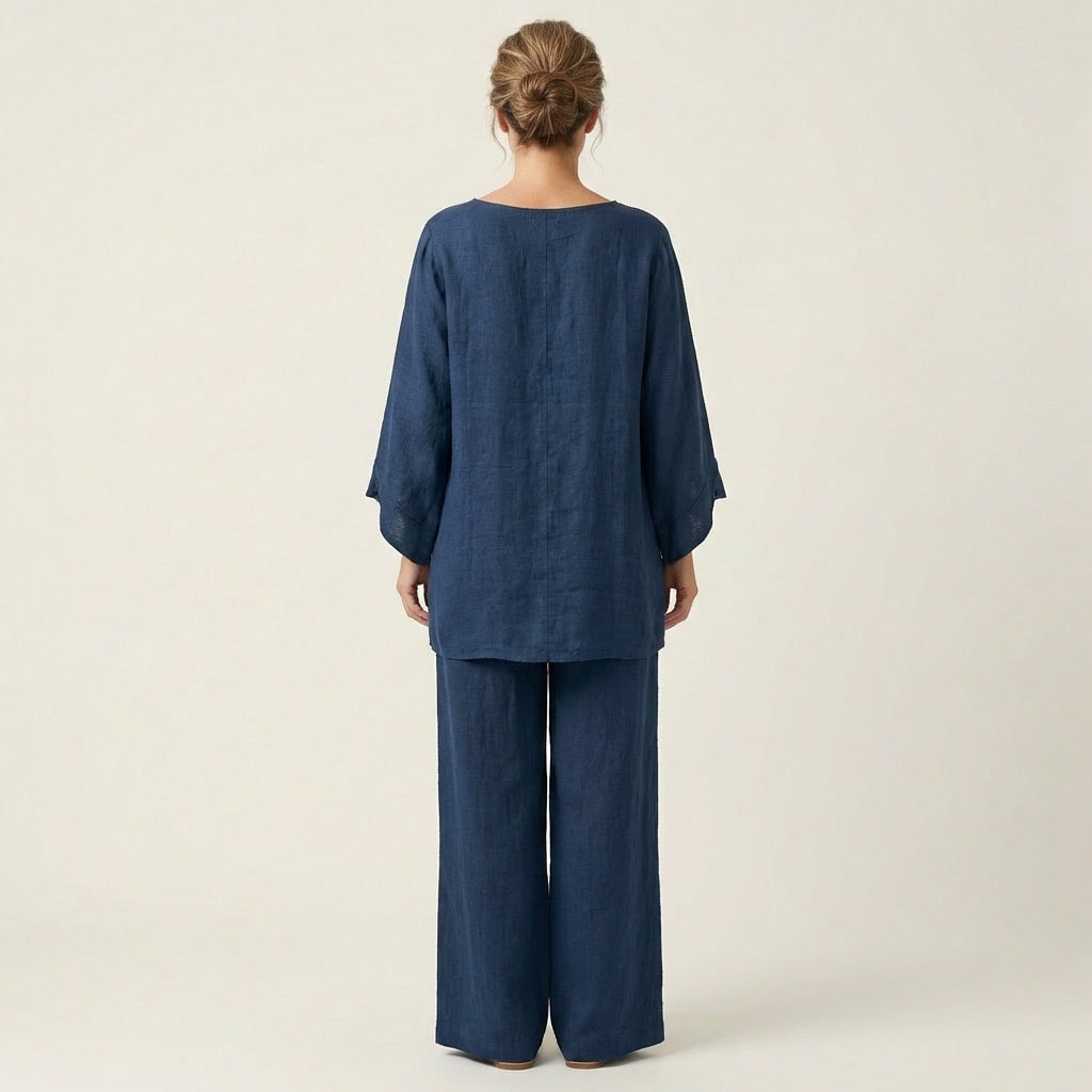 Chic women's boho linen blend set, a comfortable and stylish two-piece for relaxed summer casual wear.