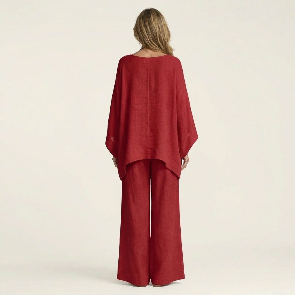 Versatile women's boho linen blend set. Comfortable two-piece for casual, lounge, or summer travel outfits.