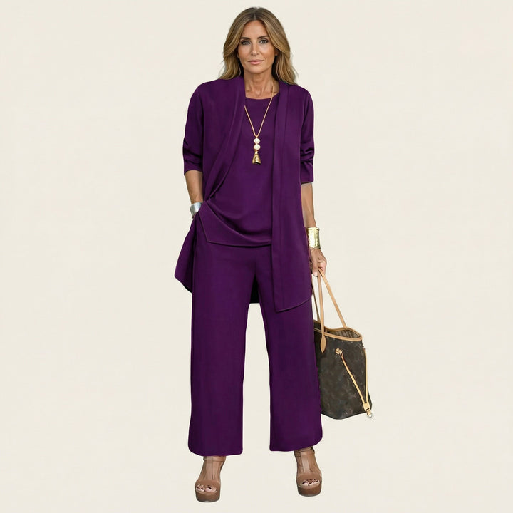 Versatile women's minimalist 3-piece set with a chic vest, blouse, and wide-leg trousers, perfect for any occasion.