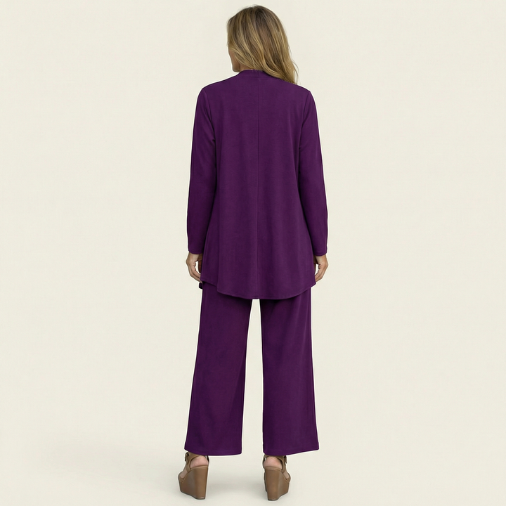 Stylish women's minimalist 3-piece matching set including a sleeveless vest, long-sleeve blouse & wide-leg pants.