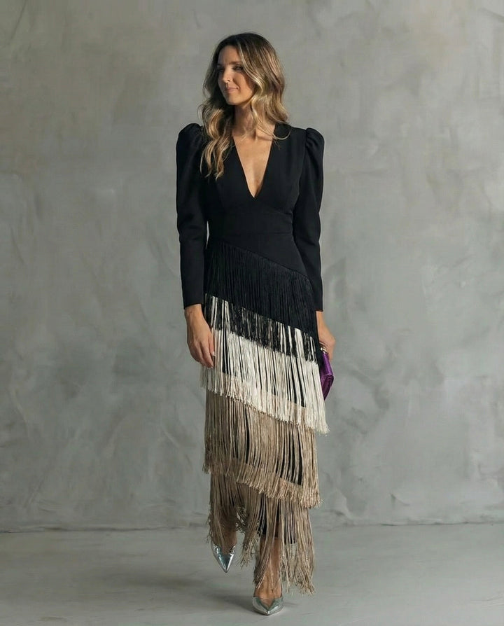 Comfortable women's flowy V-neck long sleeve midi dress, an elegant choice for parties and evening events.