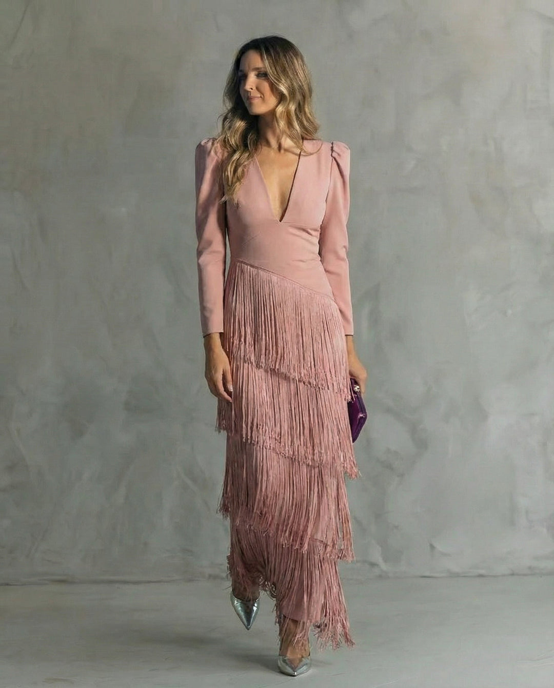 Flowy V-neck long sleeve midi dress for women, with soft fabric and unique fringe on sleeves. Ideal party dress.