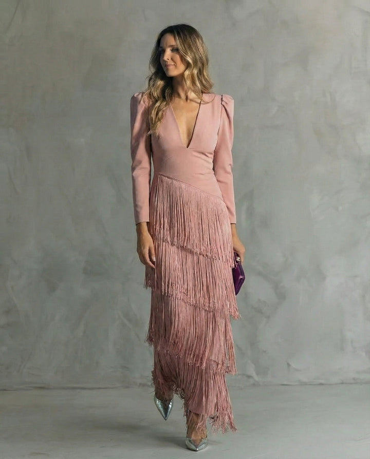 Flowy V-neck long sleeve midi dress for women, with soft fabric and unique fringe on sleeves. Ideal party dress.