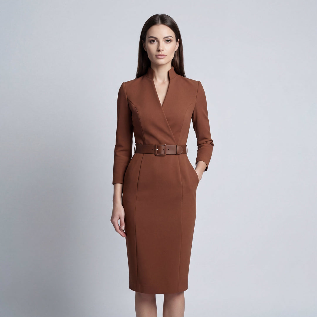 Elegant women's V-neck wrap front midi dress with long sleeves & belt. Perfect for office wear & smart casual.