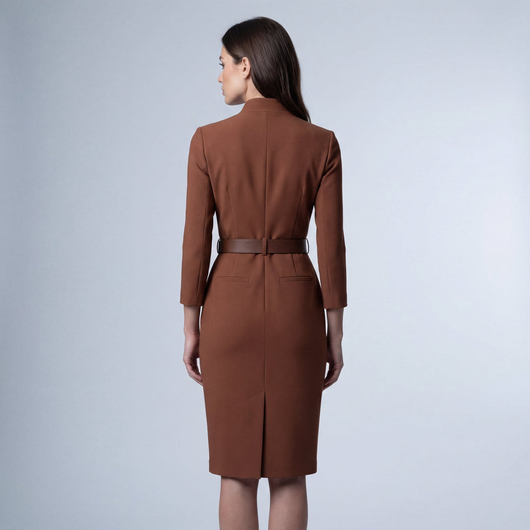 Chic long sleeve V-neck wrap dress for women. Belted midi design, versatile for office or smart casual events.