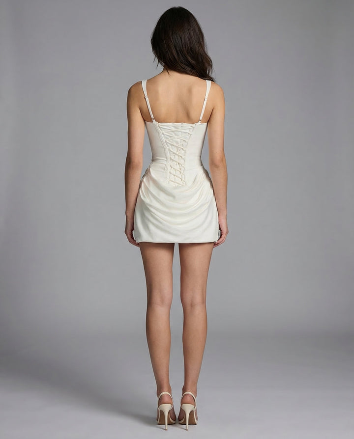 Chic women's party mini dress. Draped corset top, sculpted silhouette, elegant & stylish.