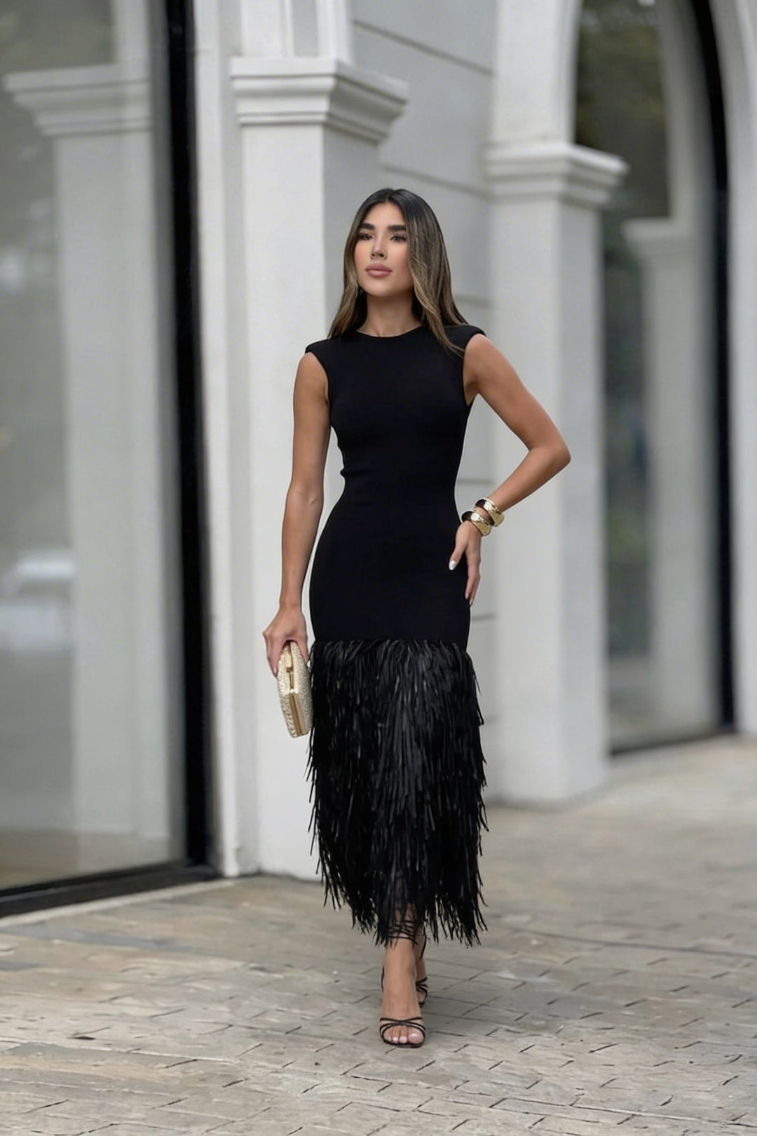 Flowy black long fringe maxi dress for women, featuring an elegant design ideal for parties & evening wear.