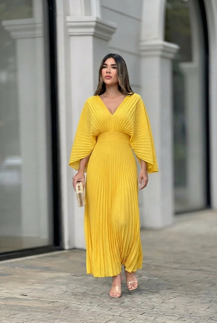 Women's formal pleated maxi dress with flowing kimono sleeves, ideal for celebrations & special occasion wear.