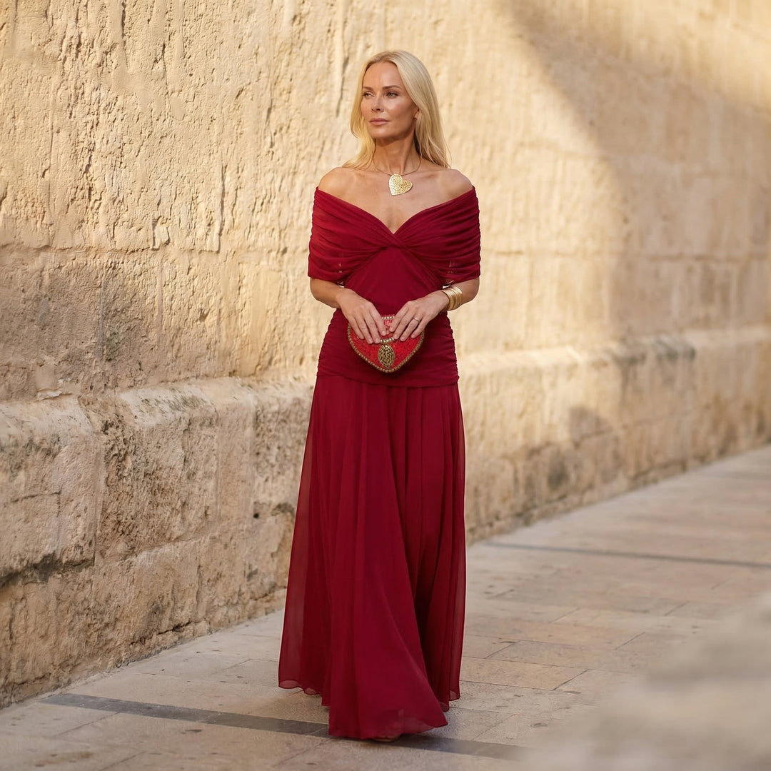 Beautiful women's long floral dress with a V-neckline, designed for comfort & sophisticated style in summer.