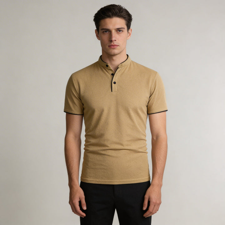 Men's slim fit polo shirt with stylish mandarin collar, perfect for smart casual wear.
