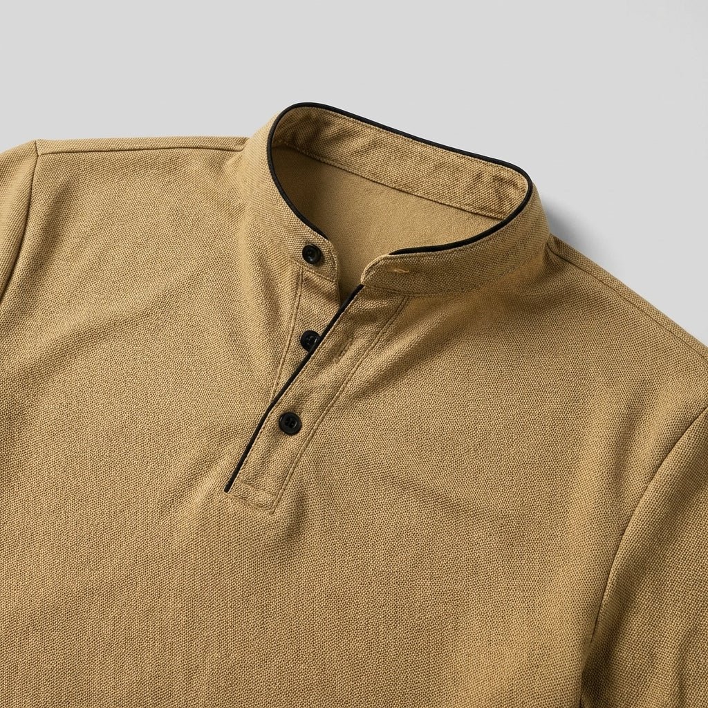 Short sleeve men's polo shirt, slim fit design with elegant mandarin collar. Ideal for summer casual.
