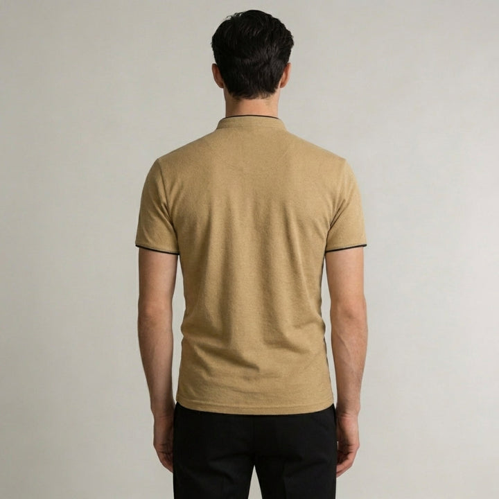 Modern men's slim fit polo shirt featuring a unique mandarin collar for versatile everyday fashion.