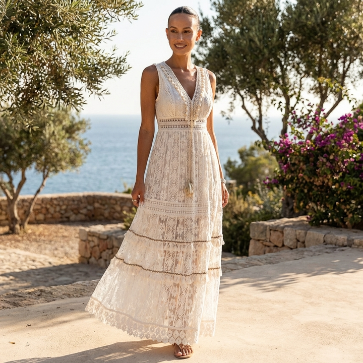 Women's boho lace tiered V-neck maxi dress, perfect for summer vacations & elegant beachwear.