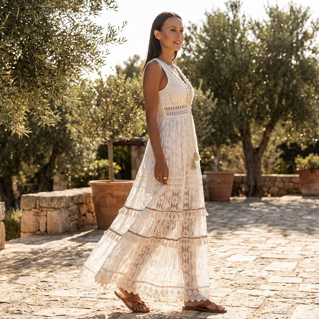Elegant women's boho tiered lace maxi dress with V-neck, perfect for stylish summer vacation and beach outfits.