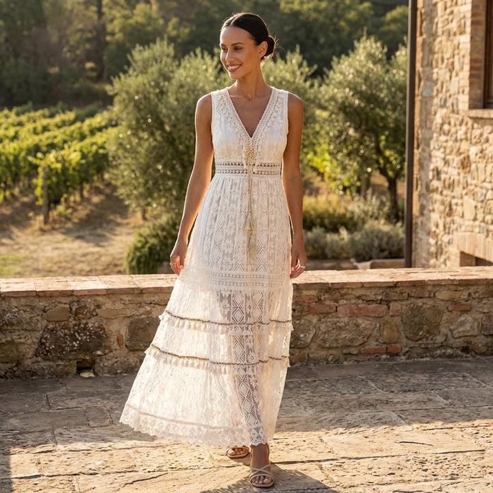Casual chic women's boho lace tiered V-neck maxi dress, comfortable and stylish for summer & vacation.