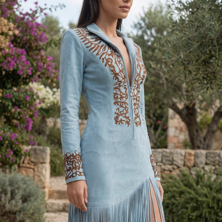 Stylish women's V-neck midi dress, featuring unique embroidery and playful fringe, a dynamic statement piece.