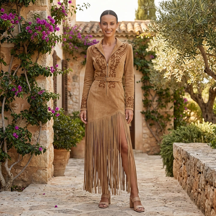 Women's embroidered fringe midi dress, V-neck, elegant, boho, party, evening, special occasion wear.